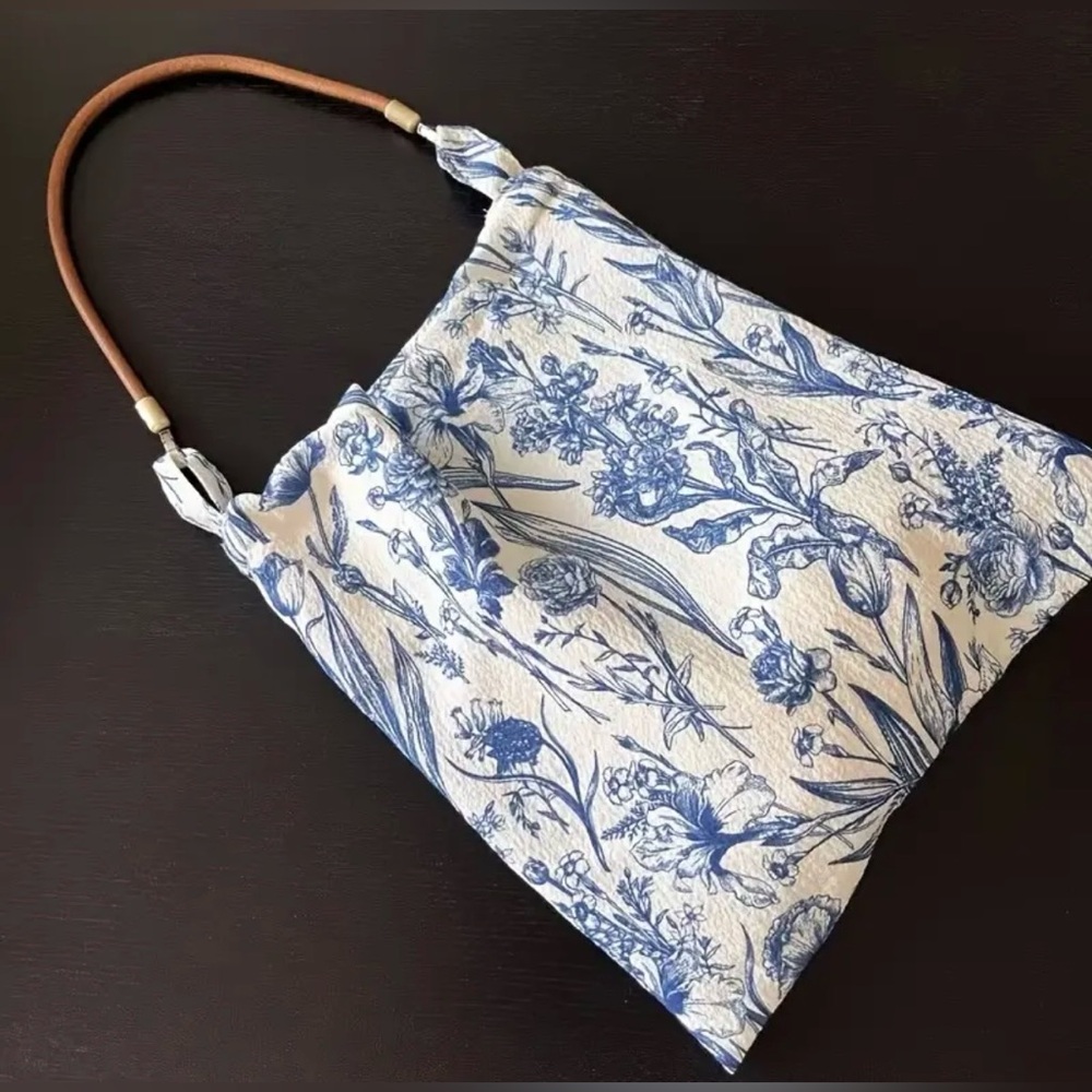 Blue and White Floral Shoulder Bag with Leather Strap